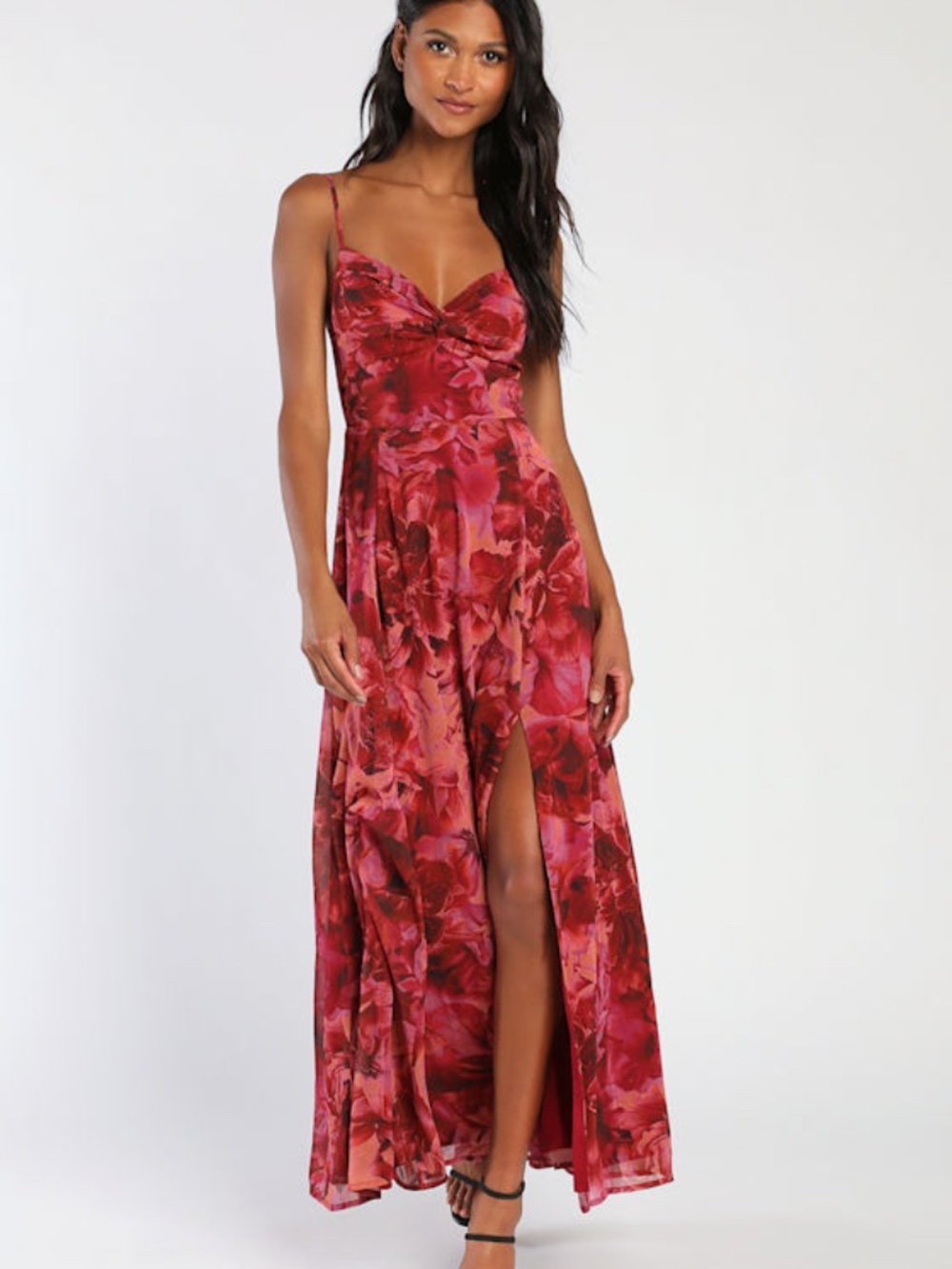 Lulus Beautiful Soul Burgundy Floral Print Twist-front Maxi Dress Red - Size L